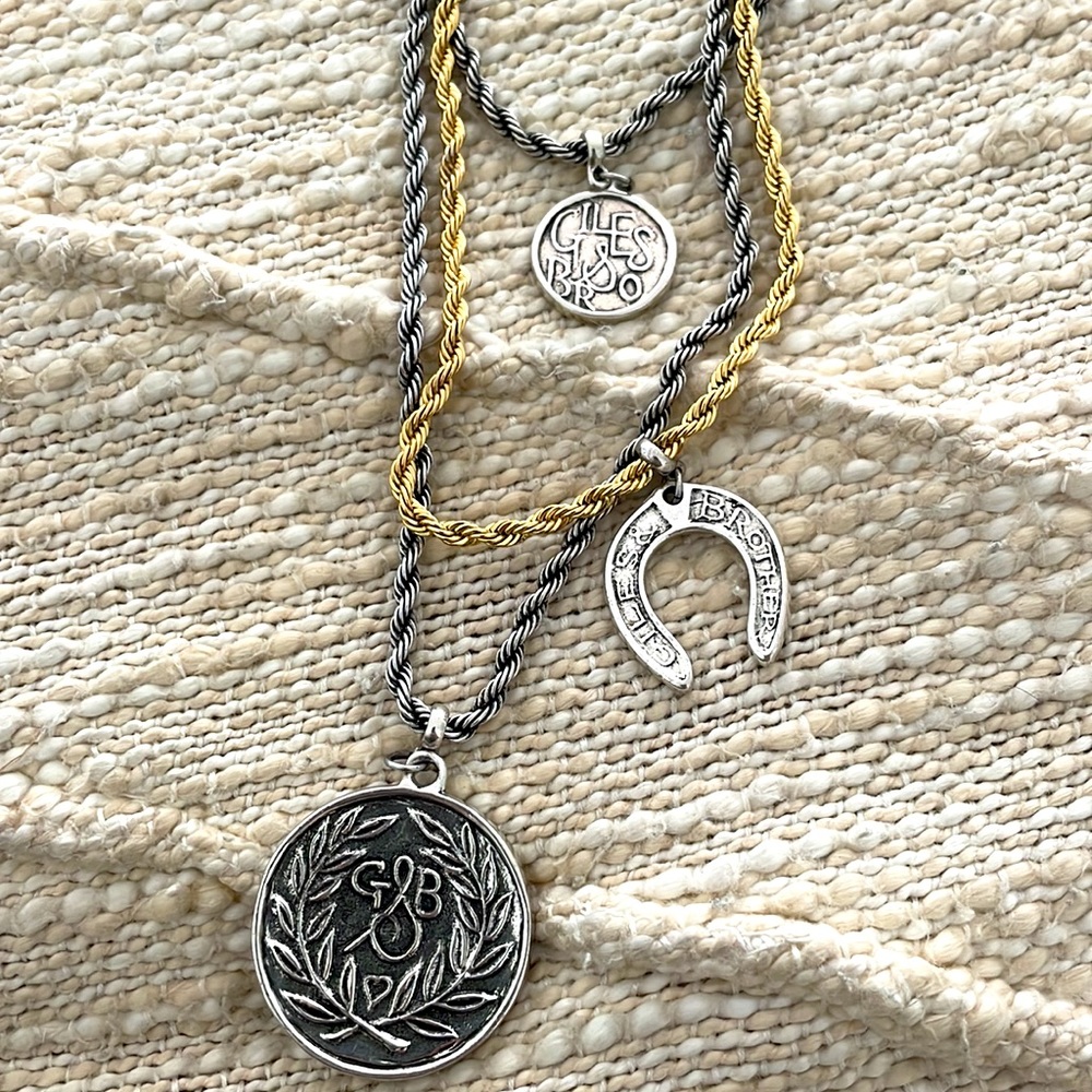 Giles & Brother Silver & Gold Metal Triple Chain Necklace w/Three 2-Sided Charms